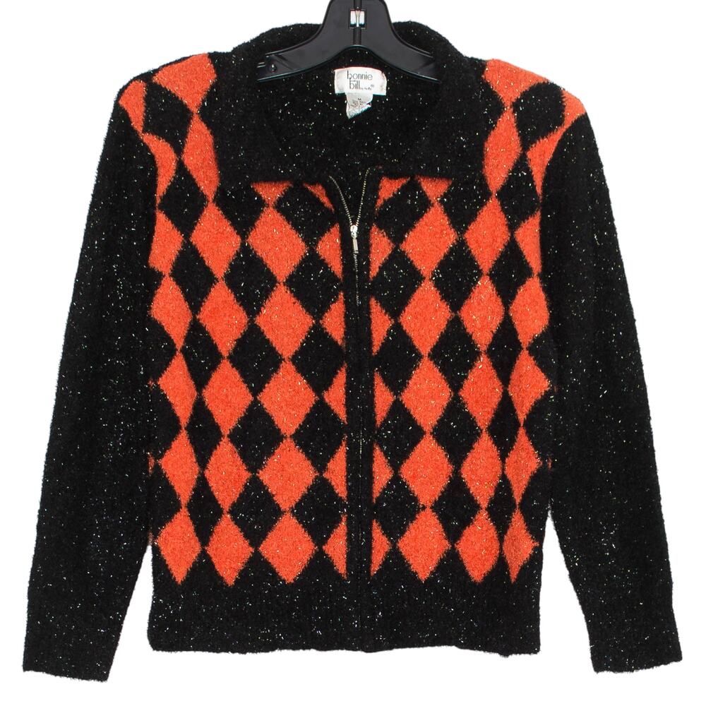 Cardigan Y2K Sparkle Argyle Preppy Academia Indie Sleaze Zip Orange Black Medium